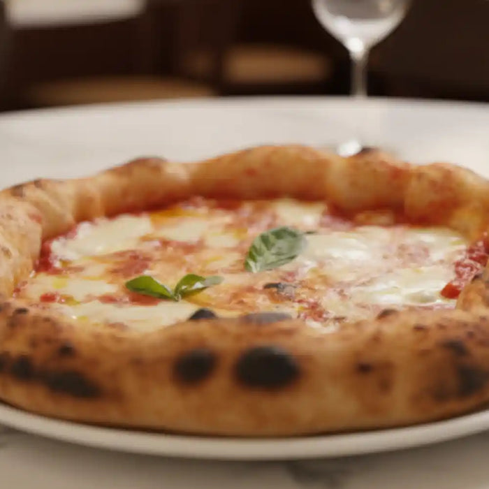 Pizza napolitaine au four avec croûte dorée et pâte aérée, réalisée avec farine professionnelle.