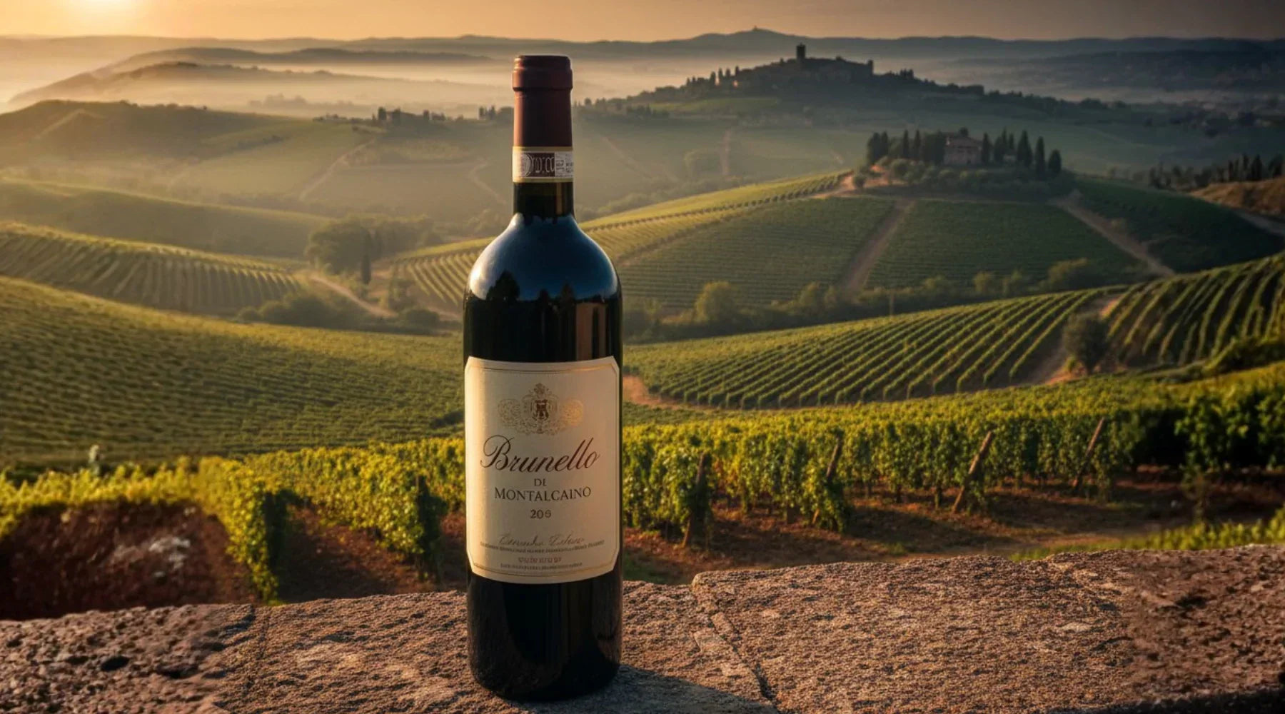 Bouteille de vin Brunello di Montalcino posée sur un muret en pierre avec les vignobles toscans au coucher du soleil, illustrant l’élégance et la richesse du célèbre vin de Toscane.