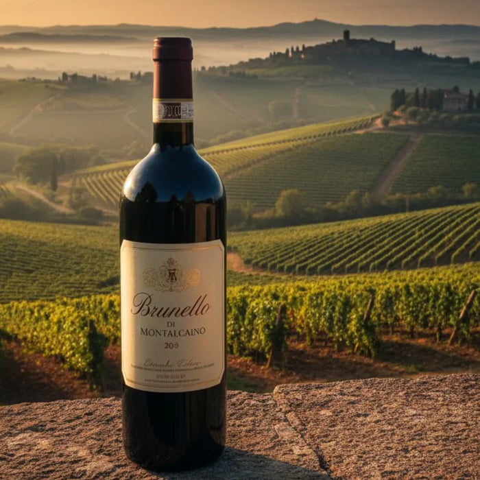 Bouteille de vin Brunello di Montalcino posée sur un muret en pierre avec les vignobles toscans au coucher du soleil, illustrant l’élégance et la richesse du célèbre vin de Toscane.