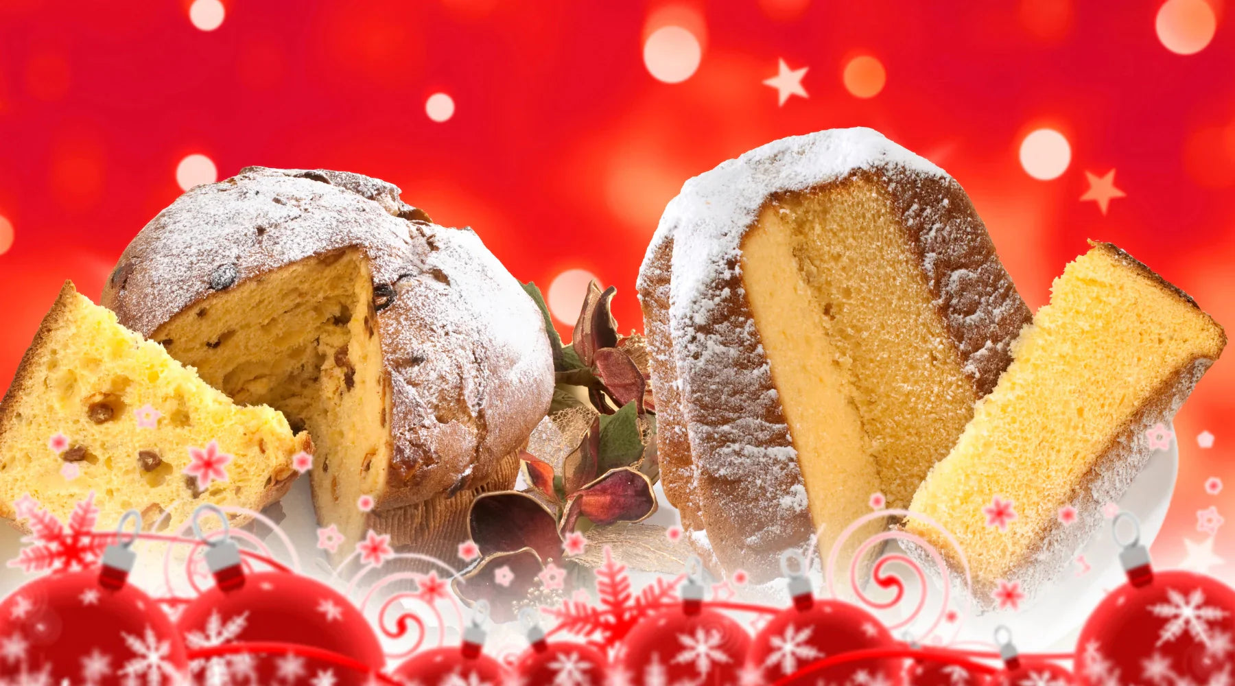 Panettone et Pandoro italiens sur fond rouge de Noël – les deux desserts traditionnels des fêtes italiennes présentés par EasyGusto.fr