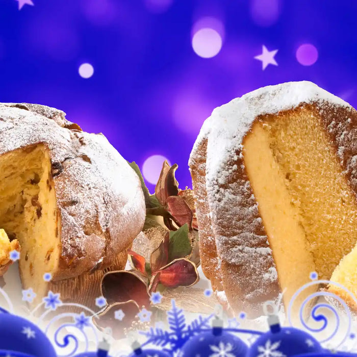 Pandoro et panettone italiens côte à côte, tranches coupées et sucre glace sur fond festif violet