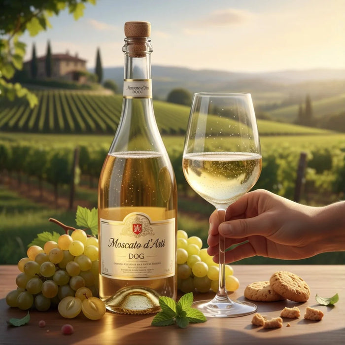 Bouteille de Moscato d’Asti et verre de vin blanc pétillant posés sur une table avec raisins frais et collines du Piémont en arrière-plan, au coucher du soleil
