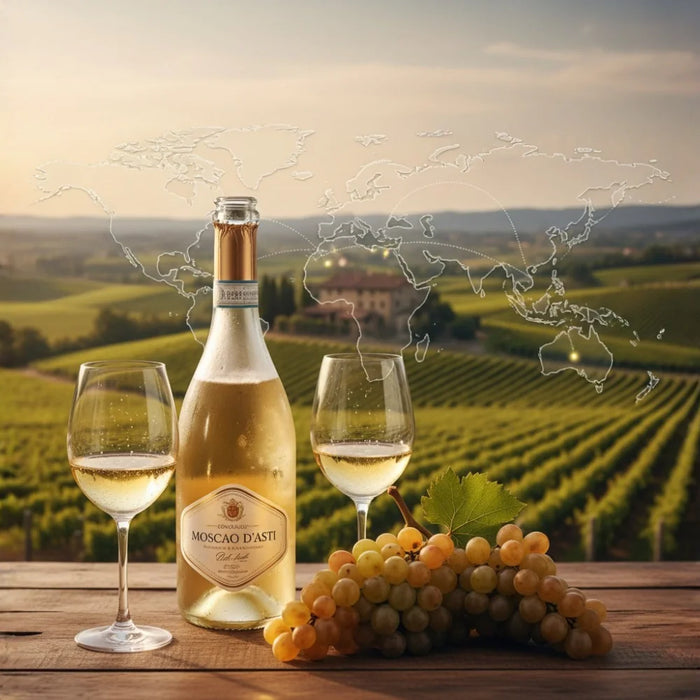 Bouteille de Moscato d’Asti et deux verres de vin blanc pétillant sur une table en bois, entourés de grappes de raisins, avec les vignes du Piémont au coucher du soleil.