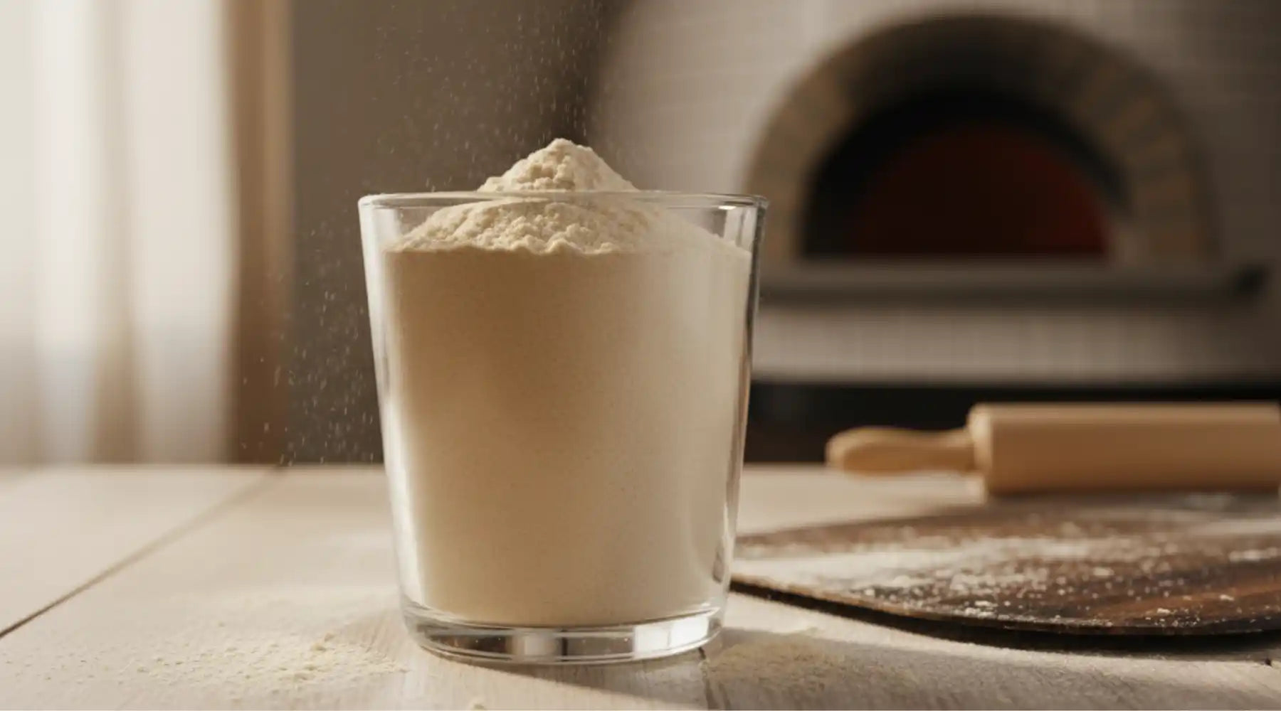 Verre rempli de farine italienne 00 pour pizza, texture fine et couleur claire idéale pour une pâte croustillante.