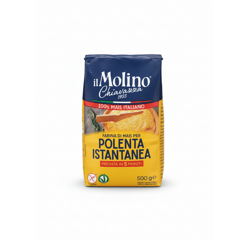 Paquet 500g de farine de maïs pour polenta instantanée il Molino Chiavazza 1955, packaging bleu et jaune, mention 100% maïs italien sans gluten prête en 5 minutes, sur fond blanc — épicerie italienne EasyGusto