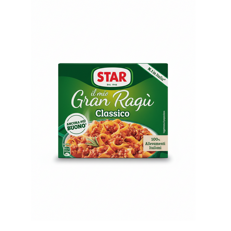 Boîte carton verte Star il mio Gran Ragù Classico contenant deux conserves métalliques de sauce bolognaise à la viande de bœuf et porc, avec photo de tagliatelles al ragù sur le packaging, produit fabriqué en Italie depuis 1948, format 400g