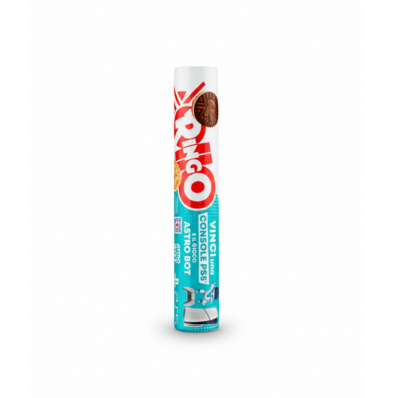 Tube cylindrique de biscuits Ringo Cacao Pavesi en emballage rigide blanc et bleu, format familial, produit en Italie, disponible sur EasyGusto épicerie italienne en ligne.