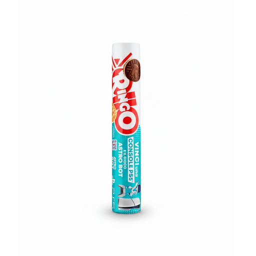 Tube cylindrique de biscuits Ringo Cacao Pavesi en emballage rigide blanc et bleu, format familial, produit en Italie, disponible sur EasyGusto épicerie italienne en ligne.