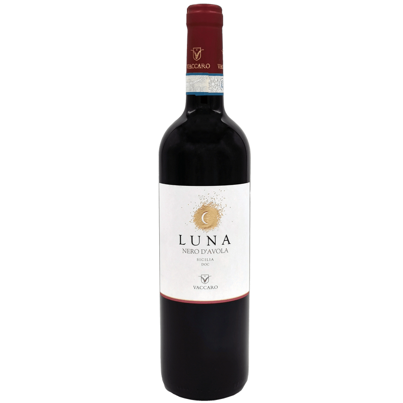 Bouteille de vin rouge Luna Vaccaro Nero d'Avola 75cl, étiquette élégante et design moderne.