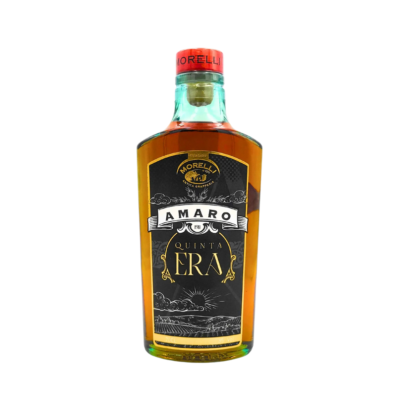 Face avant de la bouteille de liqueur Amaro Quinta Era de Morelli, 70cl, étiquette détaillée avec des motifs classiques noirs et dorés.
