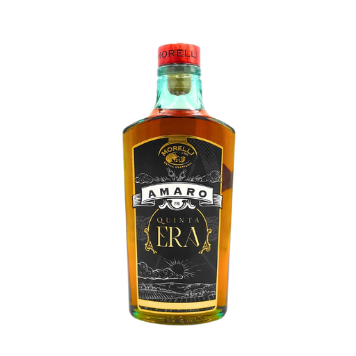Face avant de la bouteille de liqueur Amaro Quinta Era de Morelli, 70cl, étiquette détaillée avec des motifs classiques noirs et dorés.