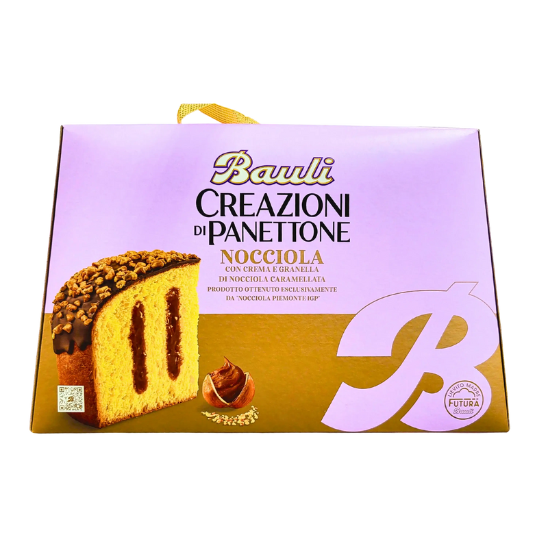 Panettone Nocciola Bauli im Detail – Vorderansicht mit Schokolade und Haselnüssen