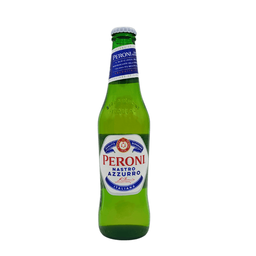 Bouteille de bière Peroni Nastro Azzurro 33cl, une lager italienne rafraîchissante avec un goût unique, parfaite pour un apéritif.