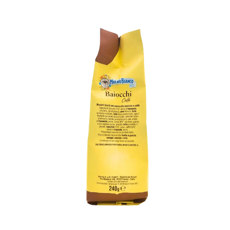 Liste des ingrédients des biscuits Baiocchi Caffè, indiquant la crème à la noisette et au café.
