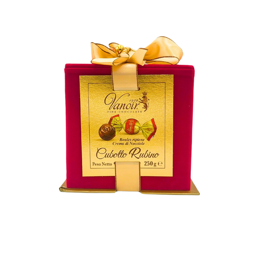 Boîte cadeau Cubotto Rubino Vanoir 250g vue de face, mettant en valeur le packaging raffiné et l'étiquette dorée.