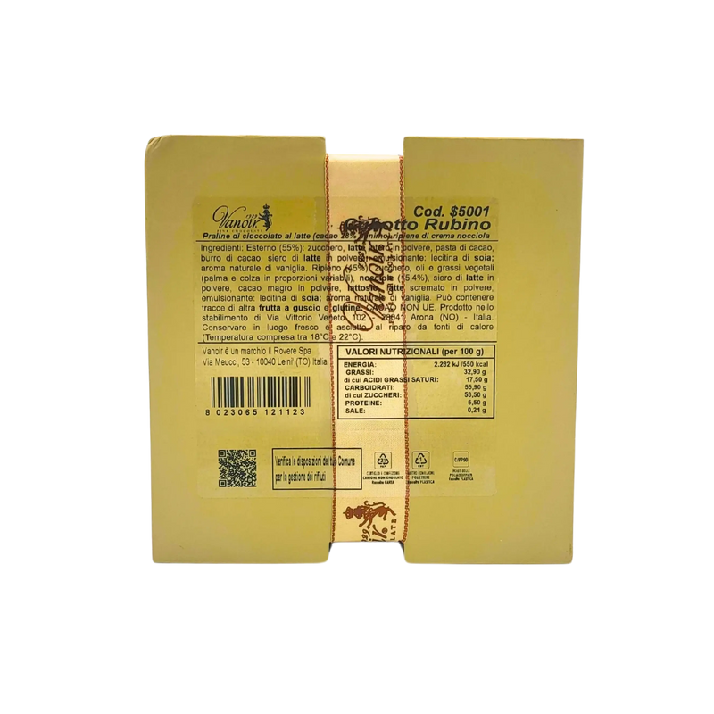 Boîte cadeau Cubotto Rubino Vanoir 250g vue du dessous, affichant les informations nutritionnelles et les ingrédients.