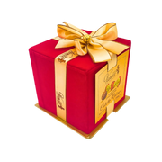 Boîte cadeau Cubotto Rubino Vanoir 250g vue du dessus, emballage rouge élégant avec ruban doré.