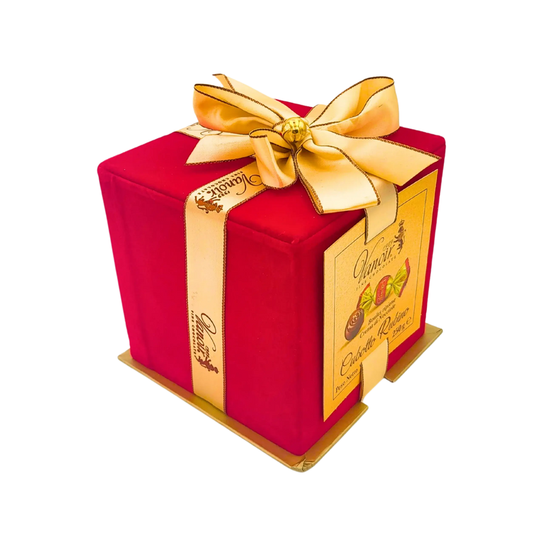 Boîte cadeau Cubotto Rubino Vanoir 250g vue du dessus, emballage rouge élégant avec ruban doré.