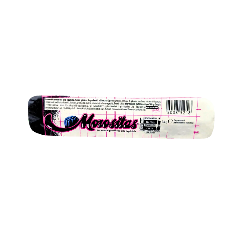 Emballage de Bonbons Réglisse Morositas 34g, arrière avec informations nutritionnelles et ingrédients.