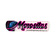 Morositas licorice candy packaging with gummous texture, vibrant pink and blue design, 34g.