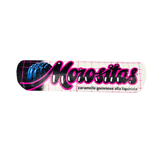Morositas licorice candy packaging with gummous texture, vibrant pink and blue design, 34g.