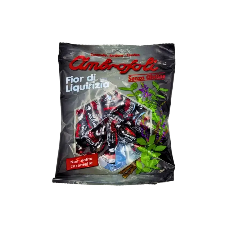 Sachet de bonbons réglisse Ambrosoli Fior di Liquirizia 150g, sans gluten, avec emballages individuels. Parfait pour les amateurs de bonbon réglisse, réglisse américain et carensac.
