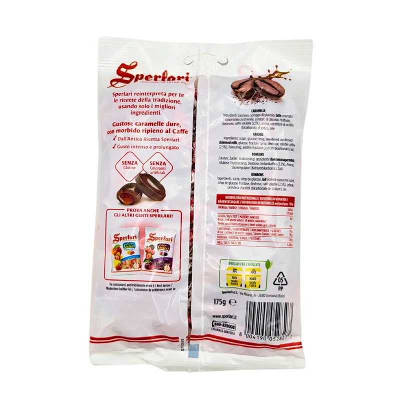 Emballage arrière des bonbons au café Lavazza Sperlari 175g, offrant une crémeuse expérience italienne.