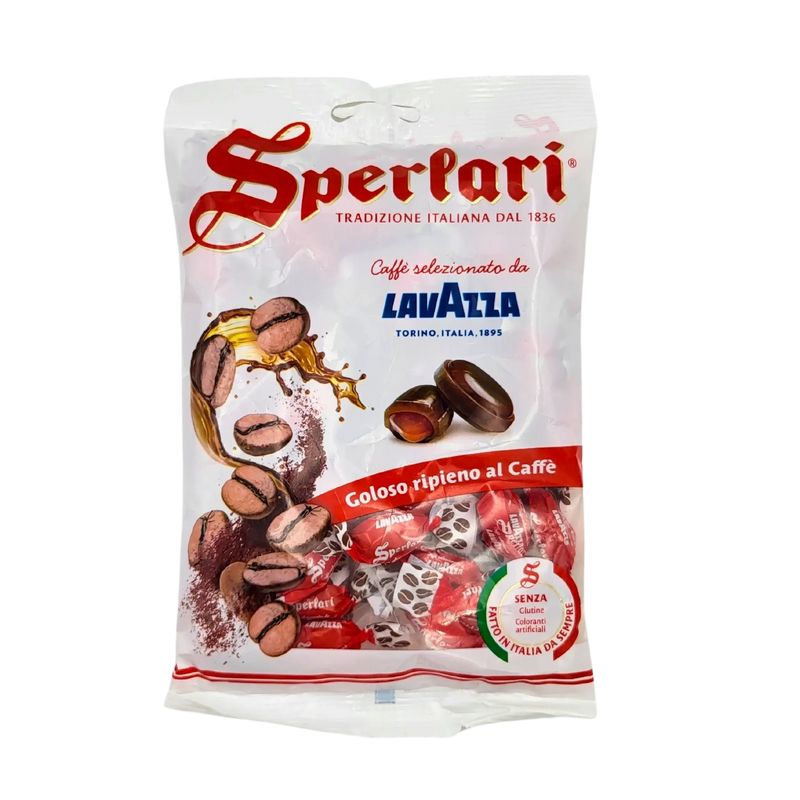 Paquet de bonbons au café Lavazza Sperlari, 175g, avec des contours de café sur l'emballage.