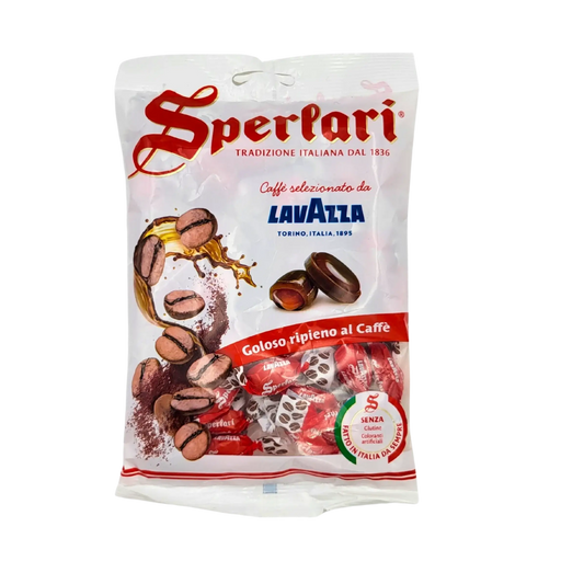 Paquet de bonbons au café Lavazza Sperlari, 175g, avec des contours de café sur l'emballage.