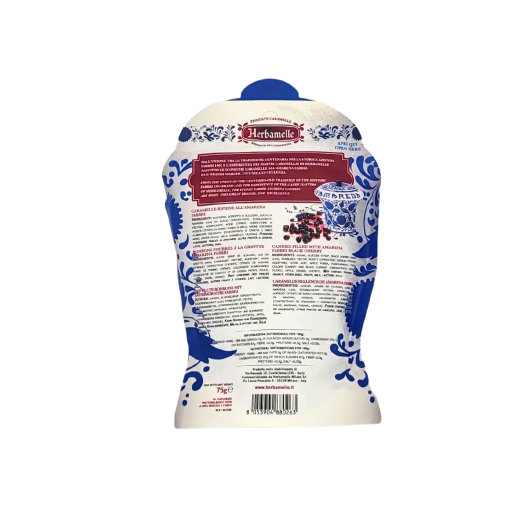 Verpackung der Griotte Amarena Bonbons von Herbamelle, mit Produktinformationen und Designelementen.