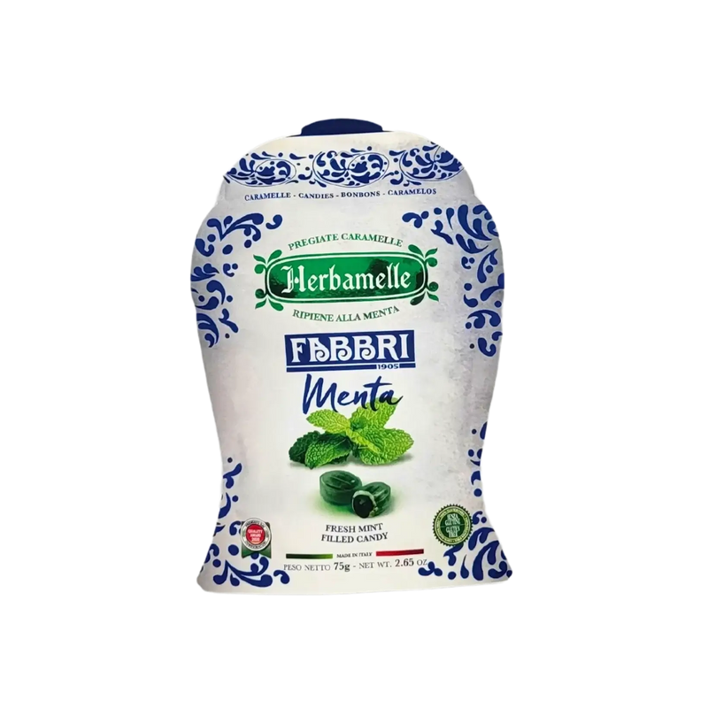 Bonbon à la menthe Herbamelle de Fabbri, paquet de 75g, friandise rafraîchissante italienne.