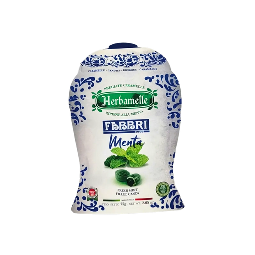 Bonbon à la menthe Herbamelle de Fabbri, paquet de 75g, friandise rafraîchissante italienne.