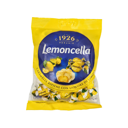 Emballage de bonbons Lemoncella Perugia 175g, confiserie italienne au citron, bonbons fourrés au liqueur de citron.