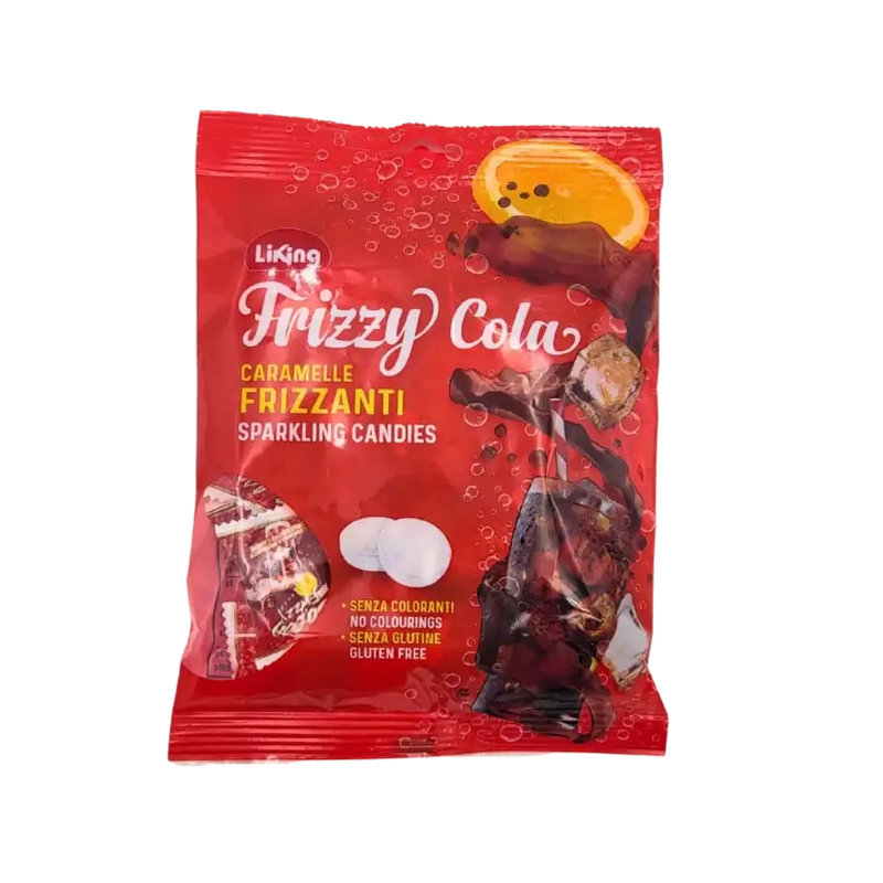 Sachet rouge de bonbons Liking Frizzy Cola 150g illustrant des bulles, une boisson cola et une tranche d’orange