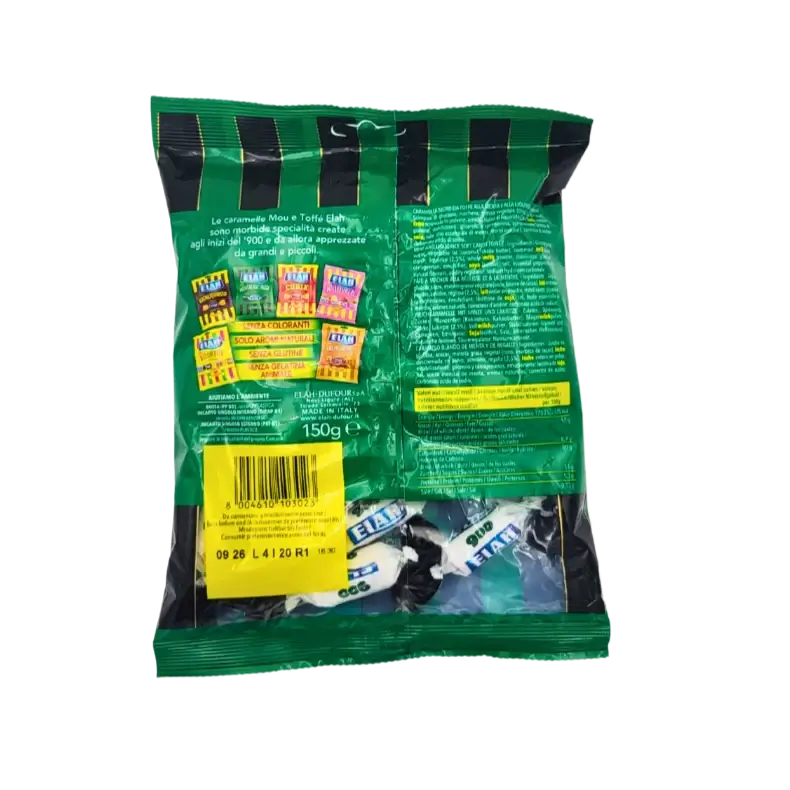 Dos du sachet de bonbons Elah Mentaliquirizia 150g avec ingrédients, valeurs nutritionnelles et informations produit