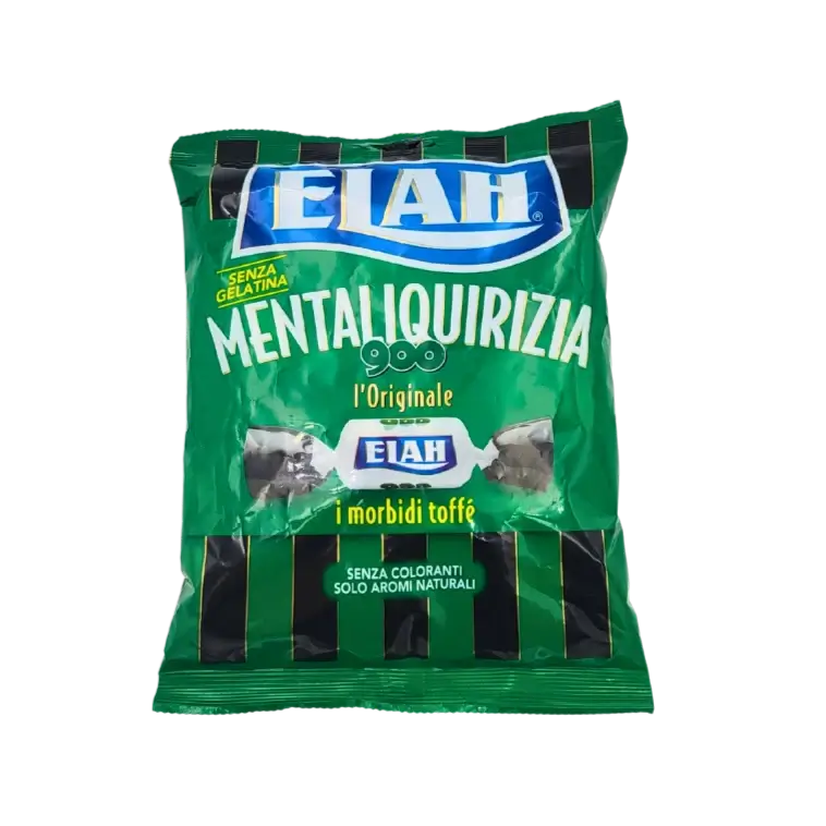 Sachet de bonbons Elah Mentaliquirizia 150g face avant, toffees mous à la réglisse et menthe, sans gélatine et sans gluten
