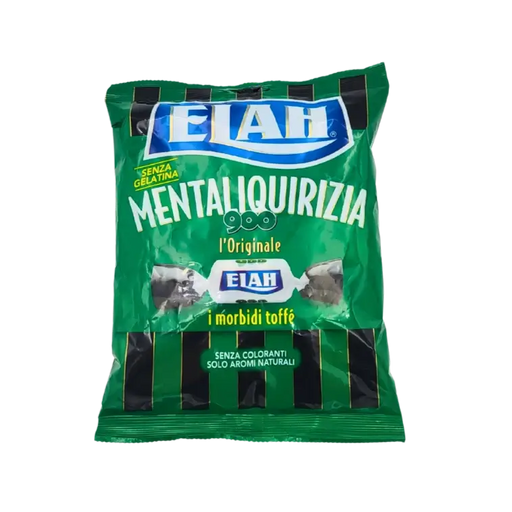 Sachet de bonbons Elah Mentaliquirizia 150g face avant, toffees mous à la réglisse et menthe, sans gélatine et sans gluten