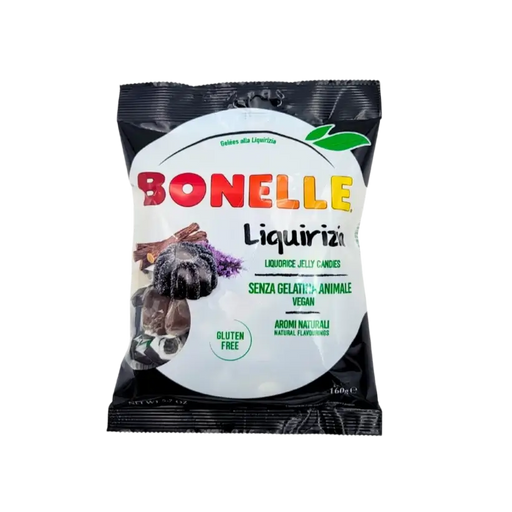 Bonbons Réglisse Vegan Bonelle 160g, sans gluten, confiserie italienne avec arômes naturels.