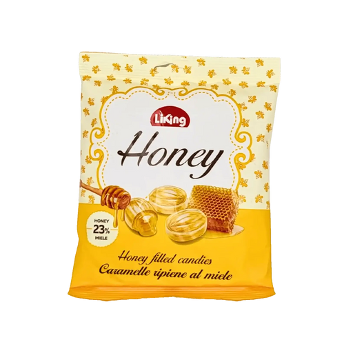Bonbons Miel Liking 150g, délicieux bonbons durs artisanaux fourrés au miel, sans gluten, idéaux pour une pause sucrée.