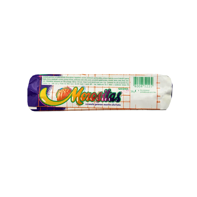 Emballage de bonbons Morositas aux fruits naturels, 34g vegan et sans gluten, au design coloré.