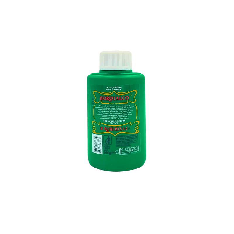 Poudre de talc Borotalco Roberts, vue arrière avec informations du produit, 100g