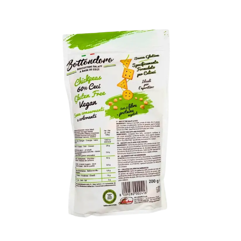 Face arrière du paquet de crackers Bottondoro Valledoro 200g, avec informations nutritionnelles et ingrédients.