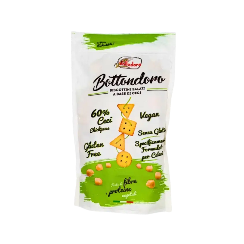 Face avant du paquet de crackers Bottondoro Valledoro 200g à base de pois chiches, sans gluten, vegan.