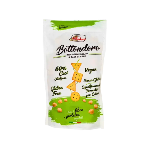 Face avant du paquet de crackers Bottondoro Valledoro 200g à base de pois chiches, sans gluten, vegan.