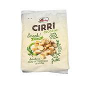 Paquet de crostini Cirri de 200g, snack vegan non fritti, sans huile de palme, dorés à l'huile d'olive extra vierge.
