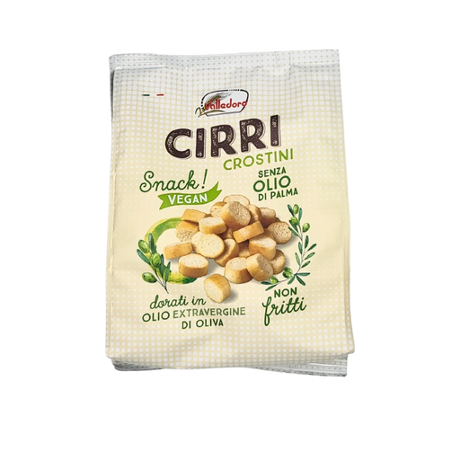 Paquet de crostini Cirri de 200g, snack vegan non fritti, sans huile de palme, dorés à l'huile d'olive extra vierge.