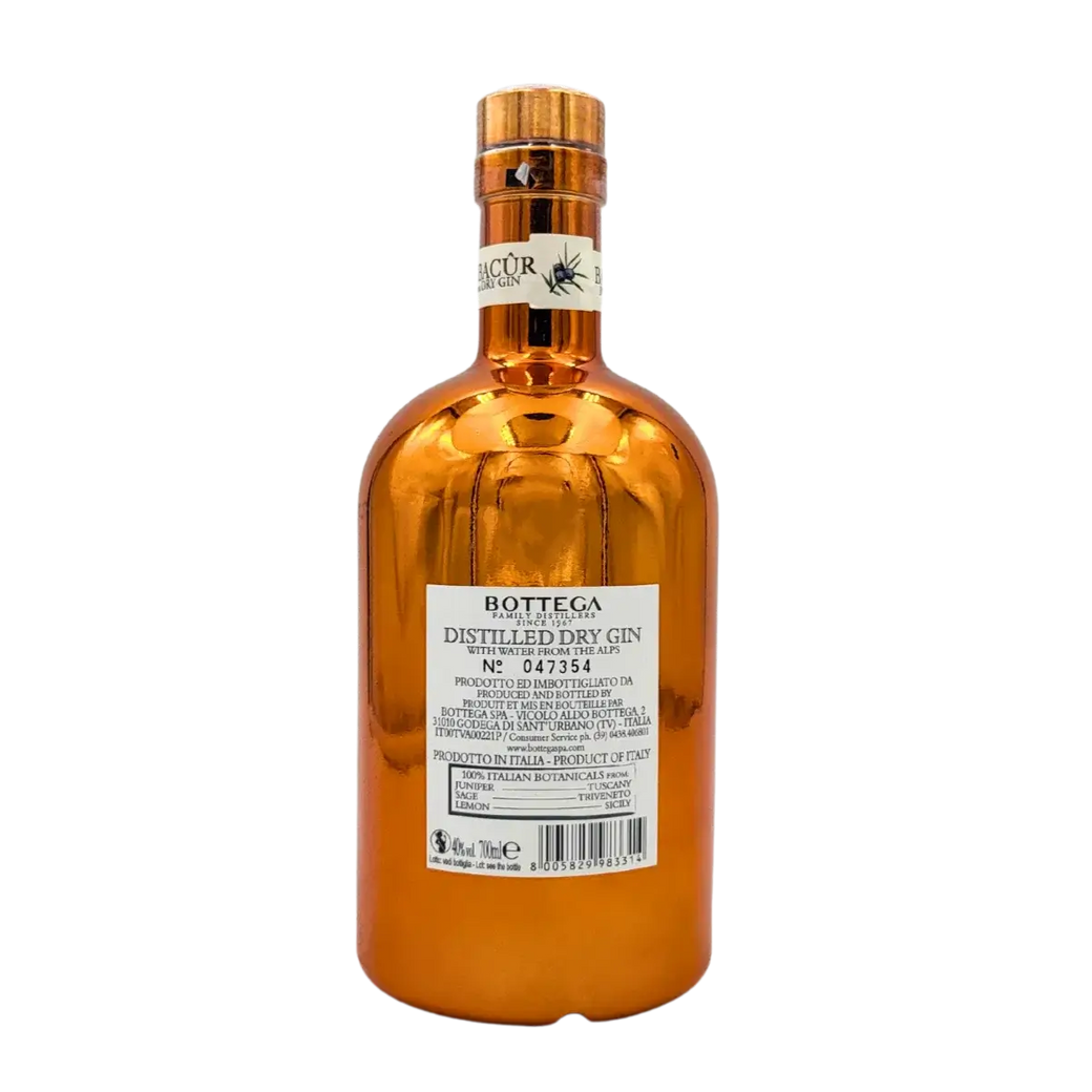 70cl Flasche Gin Bagùr Bottega, italienischer Gin, der seit 1967 mit natürlichen Pflanzen und reinem Wasser aus den Alpen destilliert wird.