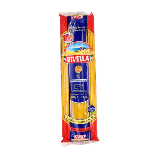 Sachet de pâtes longues italiennes Divella Spaghetti Ristorante N°8 en semoule de blé dur, 500g, idéal pour des plats traditionnels italiens.