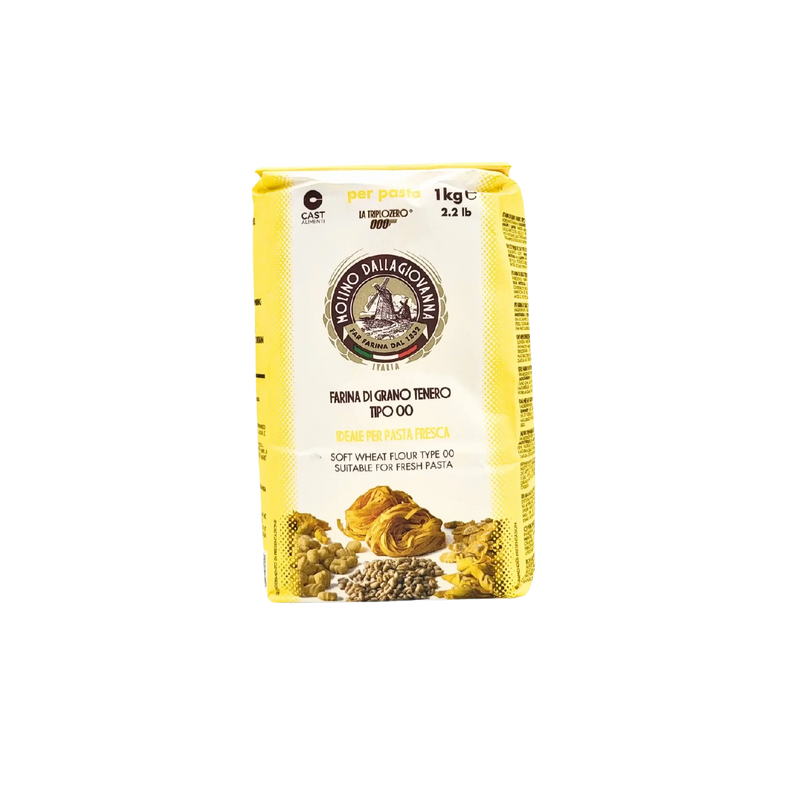 Farine de blé tendre Tipo 00 Molino Dalla Giovanna pour pâtes fraîches, emballage jaune 1 kg - vue avant montrant le logo et les applications pour pâtes