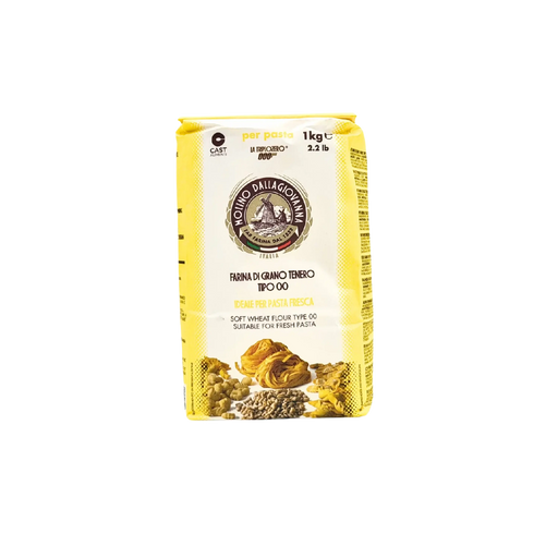Farine de blé tendre Tipo 00 Molino Dalla Giovanna pour pâtes fraîches, emballage jaune 1 kg - vue avant montrant le logo et les applications pour pâtes